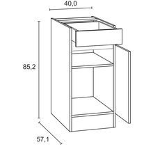 Teknisk ritning av ett underskåp med låda och dörr med måtten 40,0 x 57,1 x 85,2 cm.