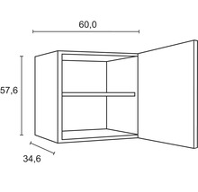 Teknisk ritning av ett väggskåp med måtten 60,0 x 57,6 x 34,6 cm