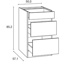 Teknisk ritning av ett underskåp med tre lådor och måttangivelser
