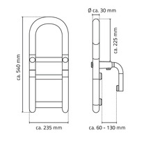 Teknisk ritning av ett stödhandtag med dimensioner
