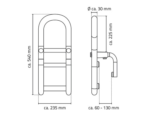 Teknisk ritning av ett stödhandtag med dimensioner