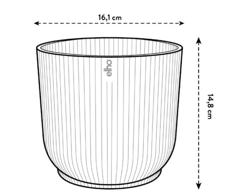 Schema över en Elho blomkruka med måtten 16,1 cm bred och 14,8 cm hög
