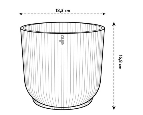 Illustration av en blomkruka med måtten 18,3 cm bred och 16,8 cm hög.