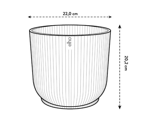 Illustration av en rund blomkruka med måtten 22,0 cm i diameter och 20,2 cm i höjd