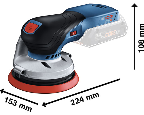 Bosch excenterslipmaskin med måtten 224 mm längd, 153 mm bredd och 108 mm höjd