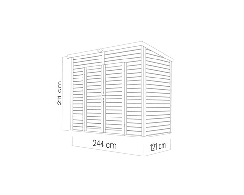 Bild på ett trädgårdsskjul som mäter 211 gånger 244 gånger 121 centimeter.