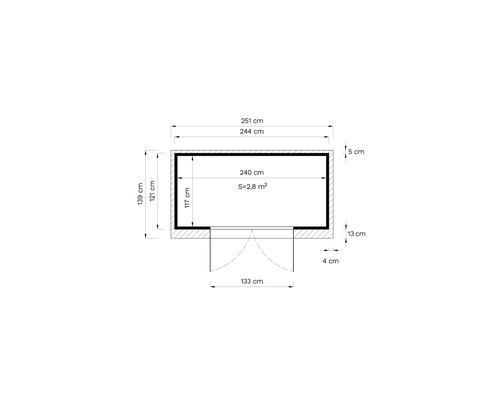 Planritning med dimensioner: 251 cm bred, 139 cm hög, 2,8 kvadratmeter yta