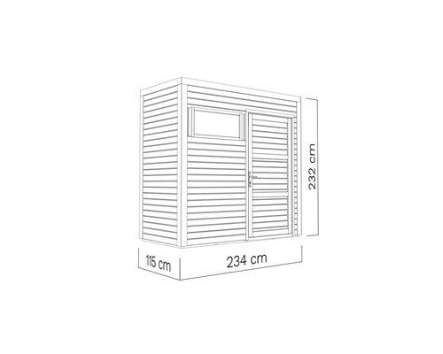 Bild av ett trädgårdshus med måtten 234 gånger 115 gånger 232 centimeter
