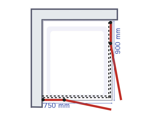 Teknisk ritning av en dusch med måtten 750 mm och 900 mm