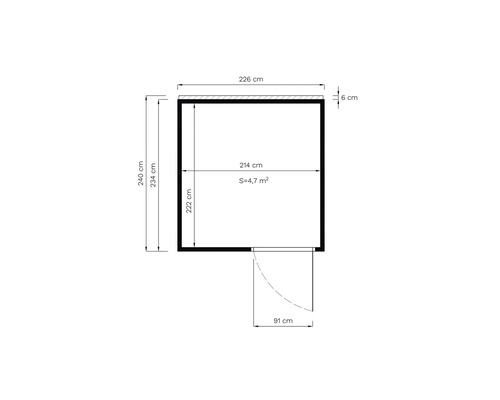 Planritning med mått: 226 cm bred, 240 cm hög, yta 4,7 kvadratmeter