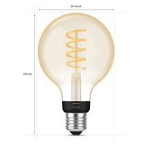 Philips Hue ljuskälla med E27-sockel och måtten 95 gånger 150 millimeter