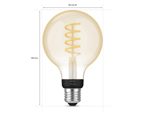 Philips Hue ljuskälla med E27-sockel och måtten 95 gånger 150 millimeter