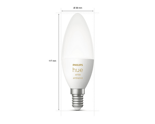 Philips Hue ljuskälla med E14 sockel, cirka 39 millimeter diameter och cirka 117 millimeter längd