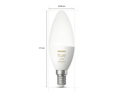 Philips Hue White Ambiance LED-lampa, E14-sockel, dimensioner 117 mm höjd, 39 mm diameter
