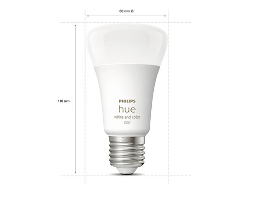 Philips Hue-lampa med måtten 110 mm hög och 60 mm i diameter.