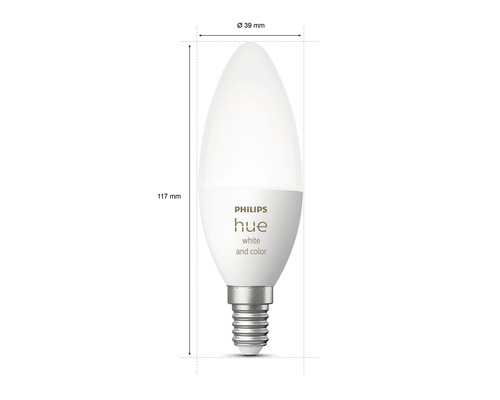 Philips Hue lampa med måtten 117 mm längd och 39 mm diameter