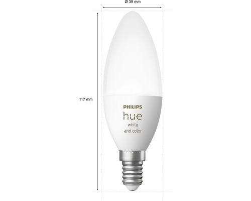 Philips Hue-lampa White and Color med E14-sockel och måttangivelser