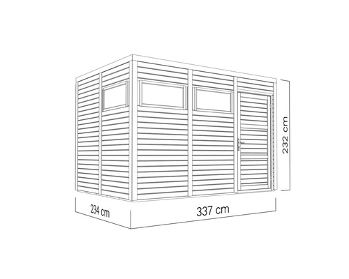 Illustration av ett trädgårdshus som mäter 234 cm x 337 cm x 232 cm