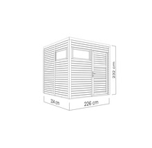 Illustration av ett trädgårdsskjul som mäter 234 gånger 226 gånger 232 centimeter.