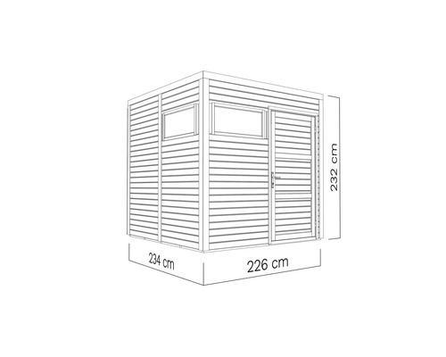 Illustration av ett trädgårdsskjul som mäter 234 gånger 226 gånger 232 centimeter.
