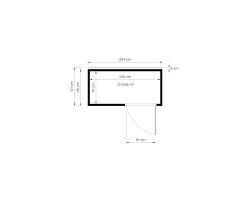 Planritning med mått: 234 cm bredd, 121 cm höjd, 2,55 m² yta