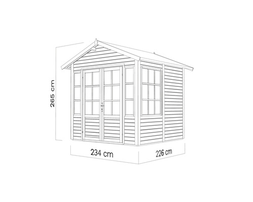 Bild av ett trädgårdshus med måtten 265 cm högt, 234 cm brett och 226 cm djupt.