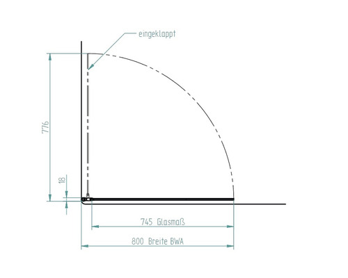Teknisk ritning av en duschvägg med mått