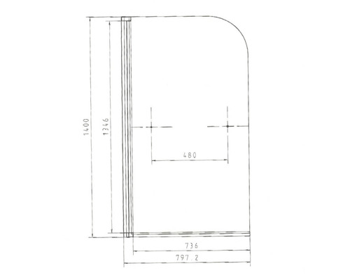 Teknisk ritning av en duschvägg med mått