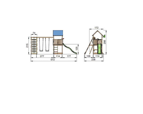 Teknisk ritning av ett lektorn med gunga, stege och rutschkana med mått