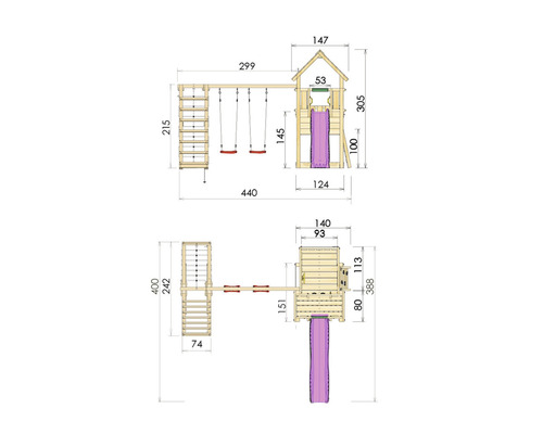 Måttritning av ett lektorn med gunga och rutschkana