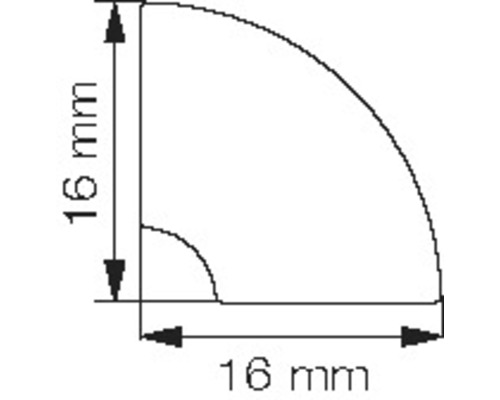 Teknisk ritning av en kvartscirkelprofil med måtten 16 mm gånger 16 mm
