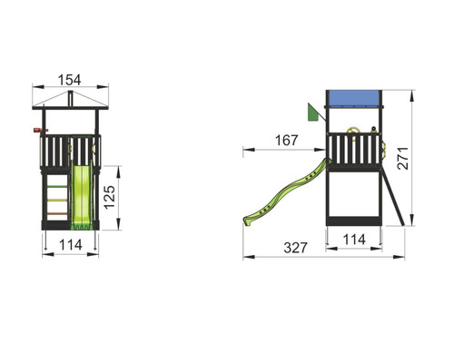 Teknisk ritning av ett lektorn med rutschkana och mått.