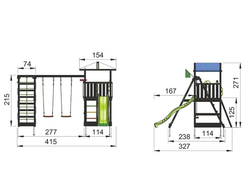Teknisk ritning av en lekplats med gunga, klättervägg och rutschkana med mått.