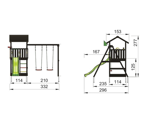 Teknisk ritning av lekplats med torn, rutschkana och gunga inklusive mått