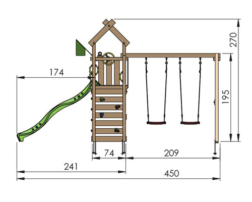 Mått på ett lektorn med rutschkana och gunga