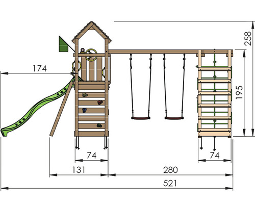 Mått på ett lektorn med rutschkana, gungor och klättervägg