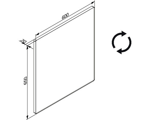 Teknisk ritning av en platta med måtten 600 x 650 x 20 mm