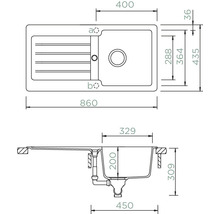 Teknisk ritning av en diskho med måttangivelser.