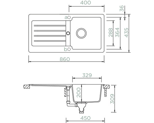 Teknisk ritning av en diskho med måttangivelser.