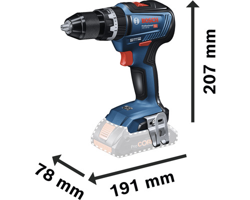 Bosch sladdlös skruvdragare med måtten 207 mm höjd, 78 mm bredd och 191 mm längd.