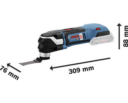 Bosch Professional batteridrivet multiverktyg med måttangivelser