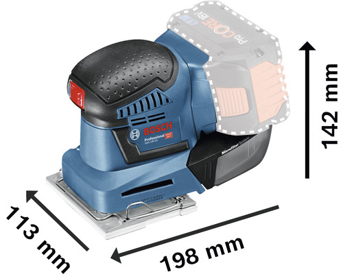 Bosch Logo. Mått på batteridriven slipmaskin: 113 mm x 198 mm x 142 mm.