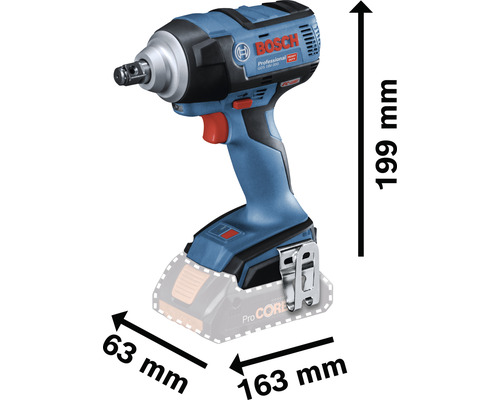 Bosch sladdlös mutterdragare med måtten 199 mm höjd, 63 mm bredd och 163 mm längd