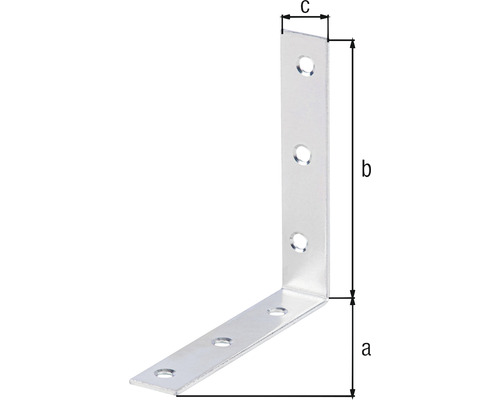 Vinkelbeslag med hål och mått a, b, c för fastsättning