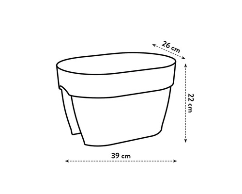 Illustration av en växtlåda med måtten 26 centimeter bred, 22 centimeter hög och 39 centimeter lång