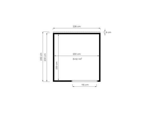 Planritning med mått: 240 cm höjd, 226 cm bredd, yta 5,1 kvadratmeter
