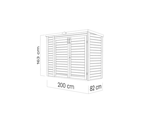 Bild av ett trädgårdsskjul med måtten 163 cm högt, 200 cm brett och 82 cm djupt.