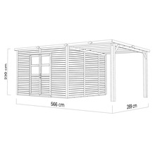 Illustration av ett trädgårdshus med en bredd på 566 cm, en höjd på 230 cm och en intilliggande carport med en bredd på 289 cm.