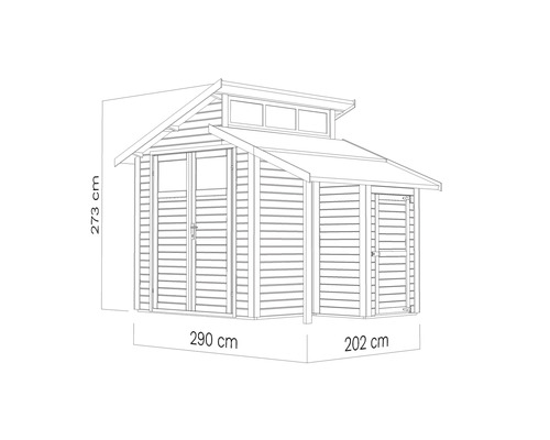 Illustration av ett trädgårdshus med måtten 273 gånger 290 gånger 202 centimeter.