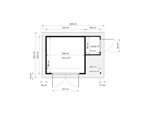 Planritning med rumsdimensioner i centimeter